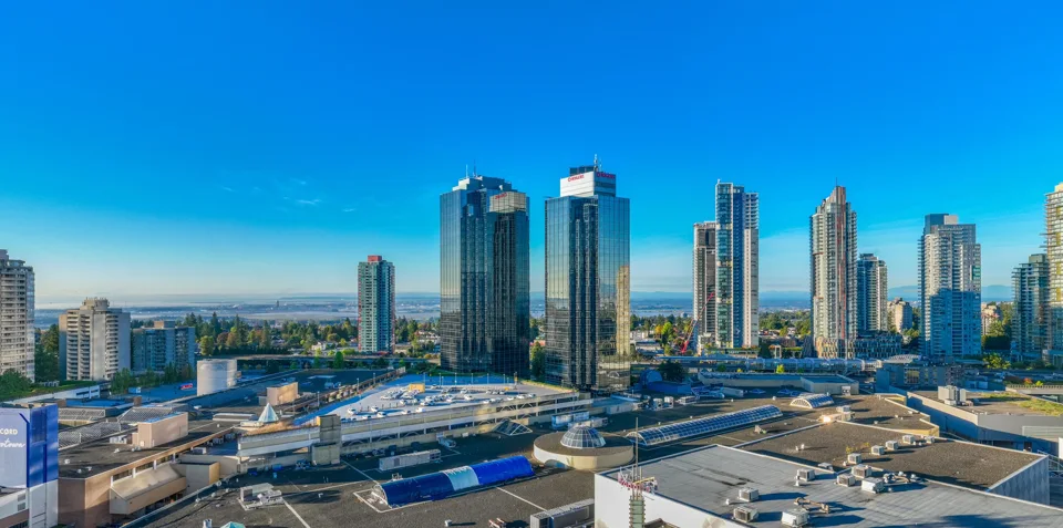 Office towers and surrounding city viewed from above