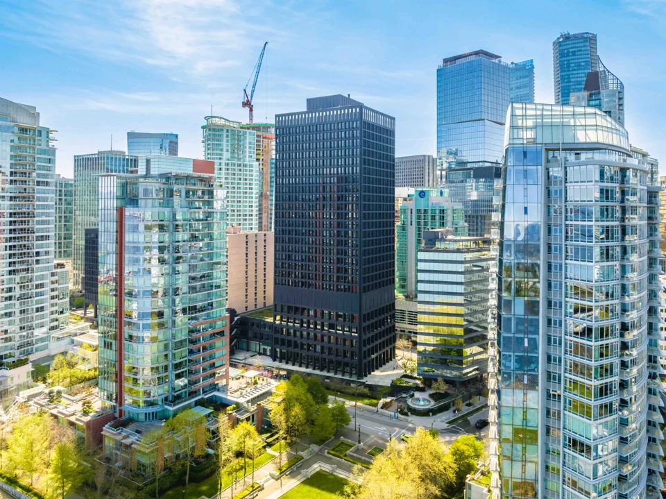 Downtown glass office and residential towers viewed from above