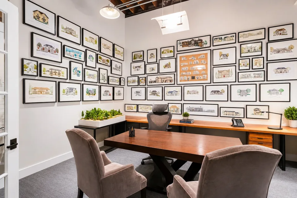 Private office with framed artwork and a wood desk