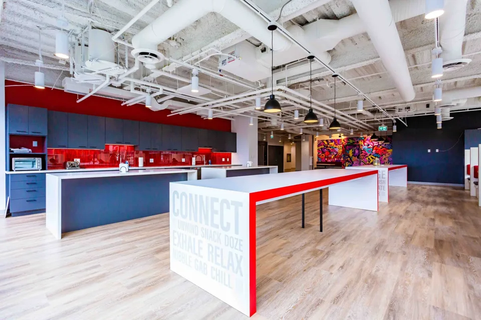 Colourful shared workplace kitchen