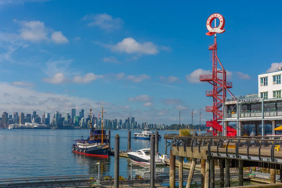 Waterfront pier with the city skyline across the harbour