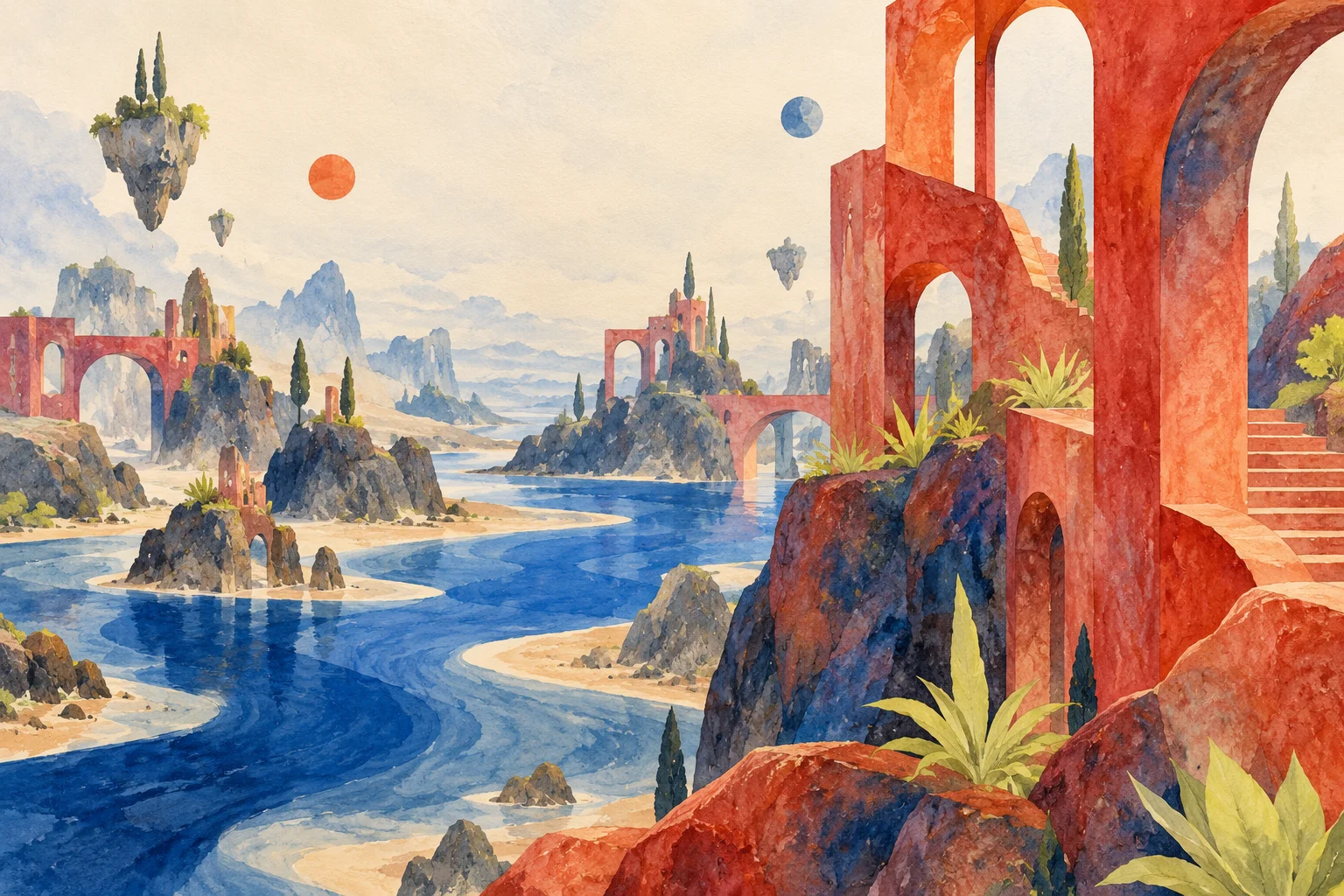 An imagined watercolor world of coral arches, floating islands and a cobalt river